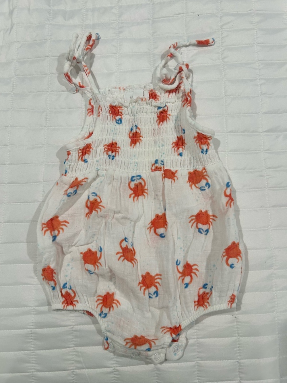 Angel Dear White Romper with Orange and Blue Crab Print